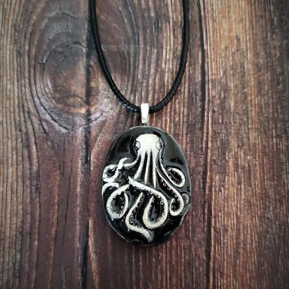 Handmade Ceramic Black Octopus Kraken Pendant Necklace - Picture 13 of 14
